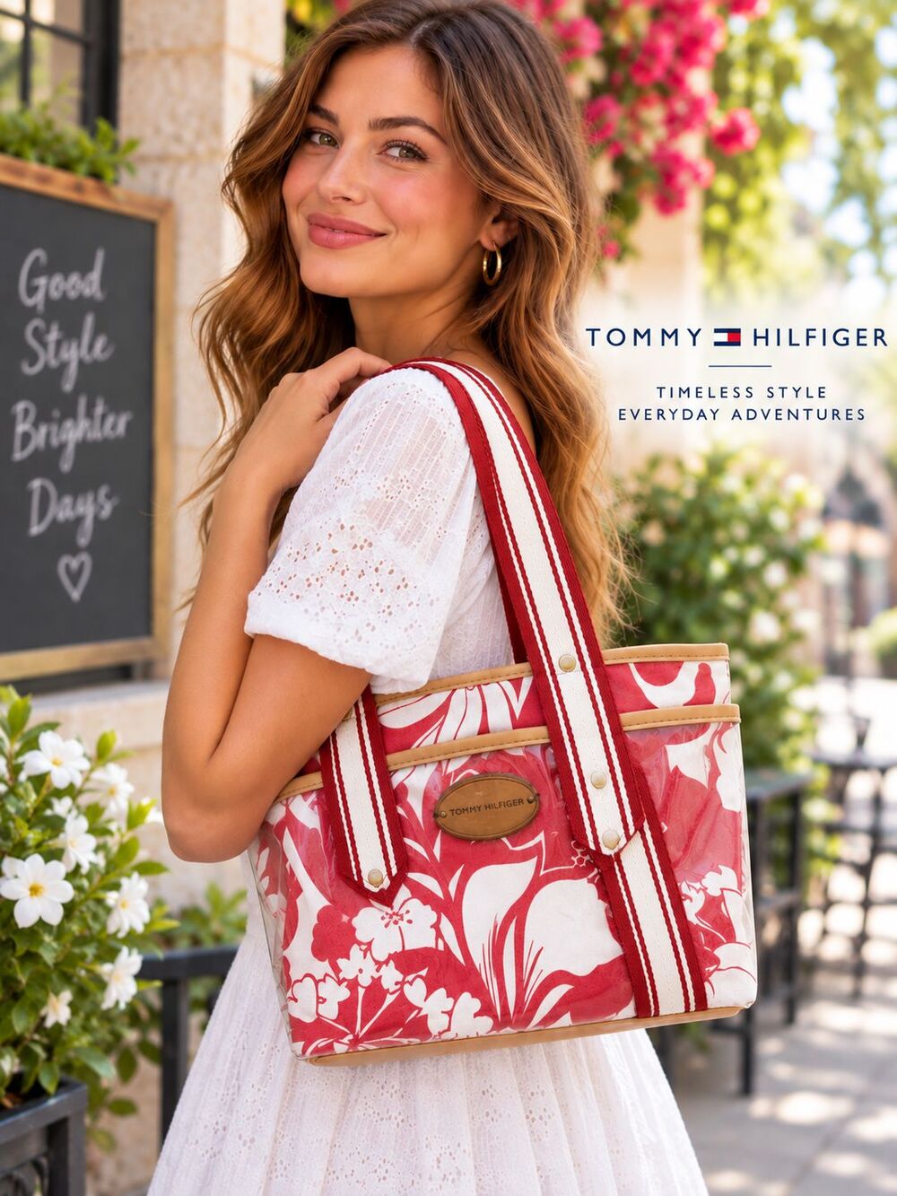 Tommy Hilfiger Red White Floral Tote Handbag Clear Vinyl Canvas Tan Trim Snap